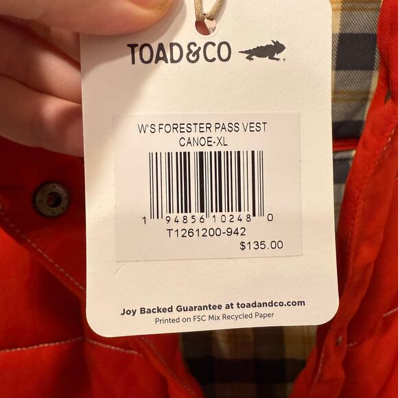 Toad & Co NWT Forester Pass Vest Canoe Red Plaid Interior Womens XL Winter Gorp - Picture 12 of 14